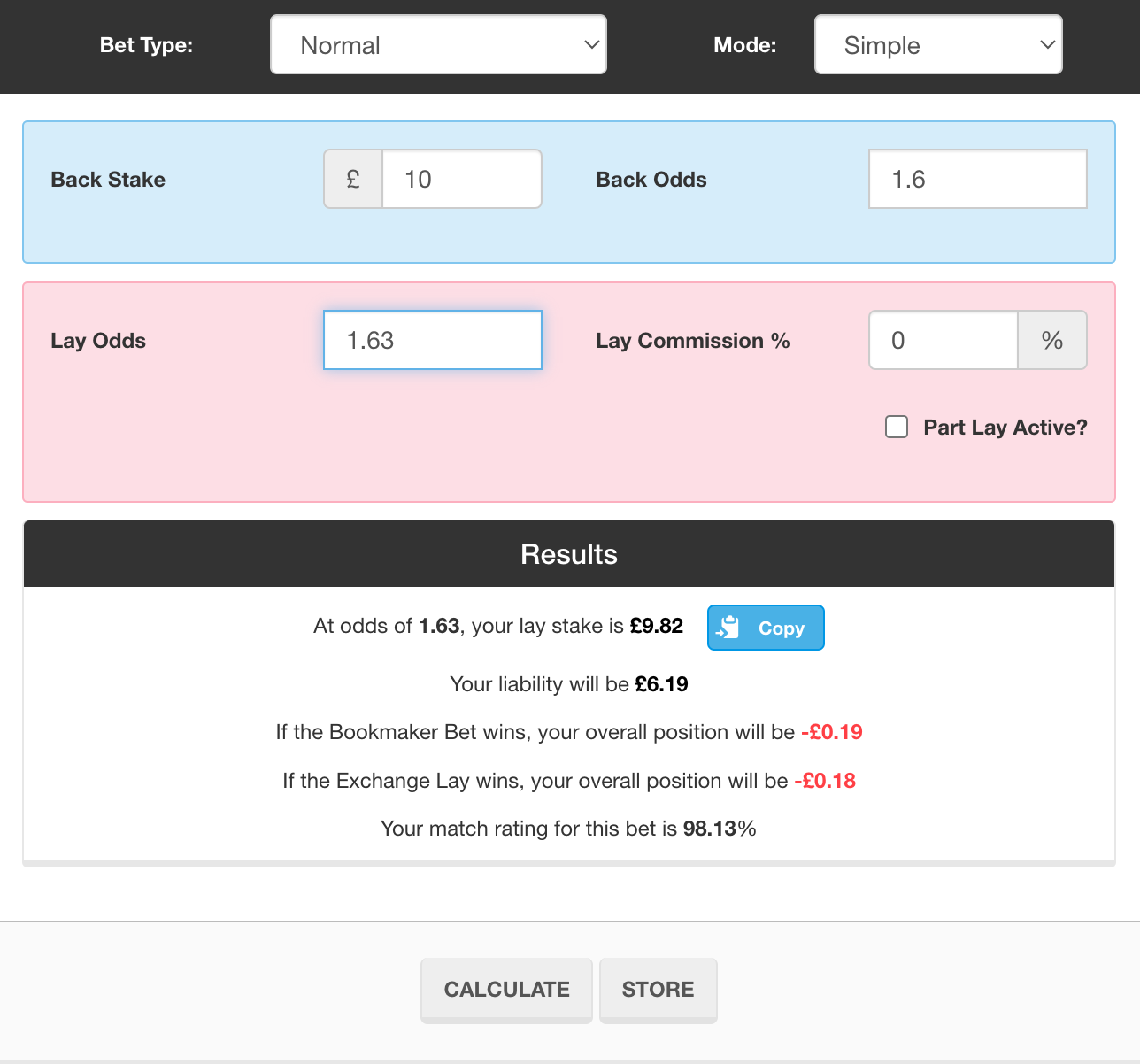 Matched betting calculator showing qualifying loss for £10 qualifying bet